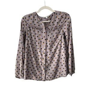 Boden Button Front Polka Dot Blouse Womens 6 Ruffle Gray Blue Yellow Career Chic